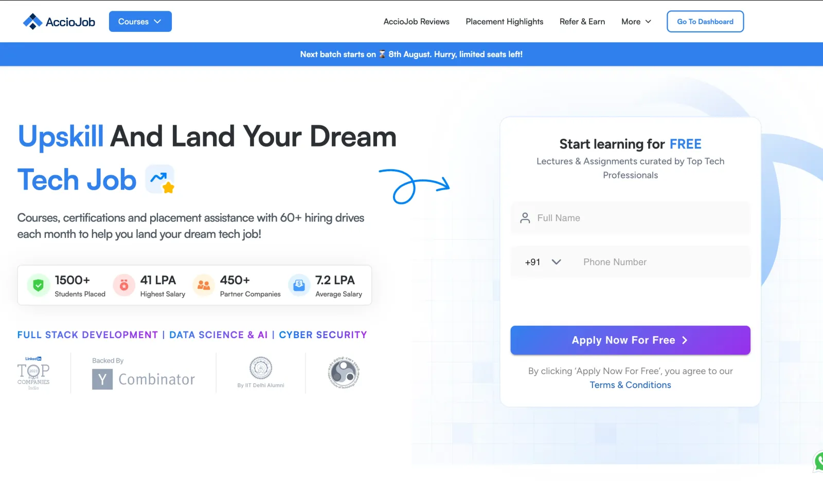 AccioJob landing page: upskill and land your dream tech job